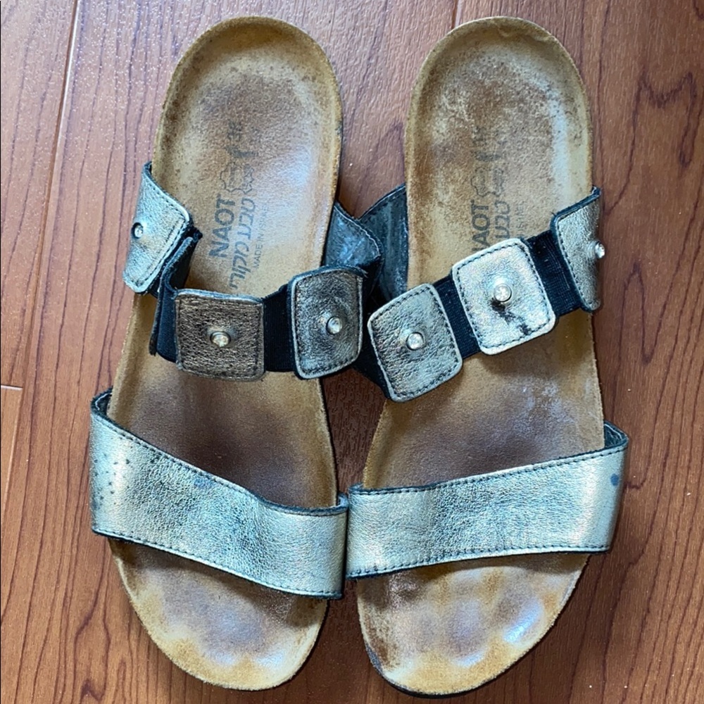 NAOT Ashley Wedge Sandals Slides Metallic Gold Double Strap Rhinestone